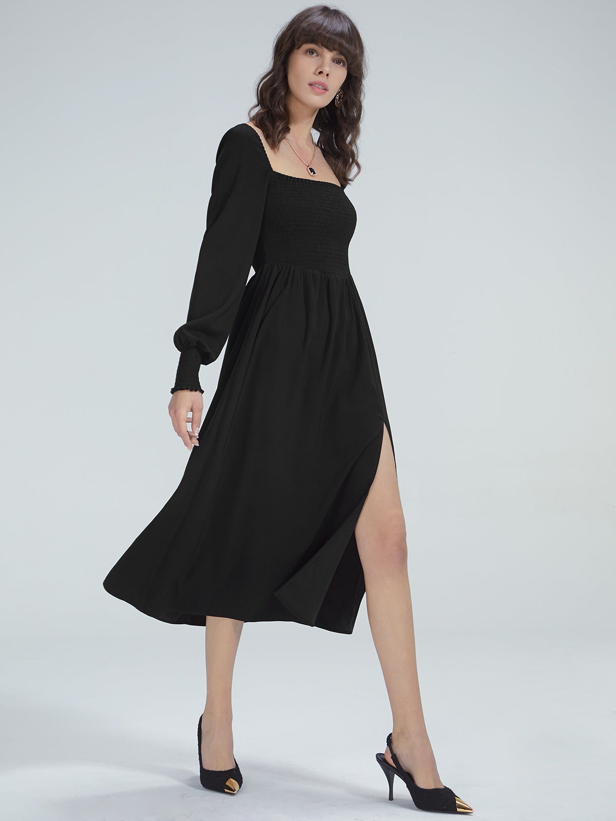 Thecomense - Square Neck Long Sleeve Slit Dress