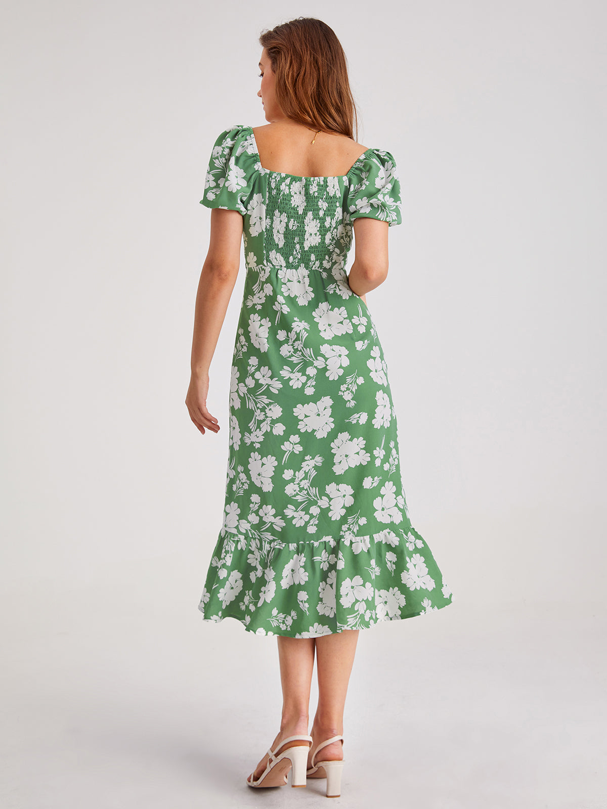 Thecomense - Puff Sleeve Floral Ruffle Midi Dress