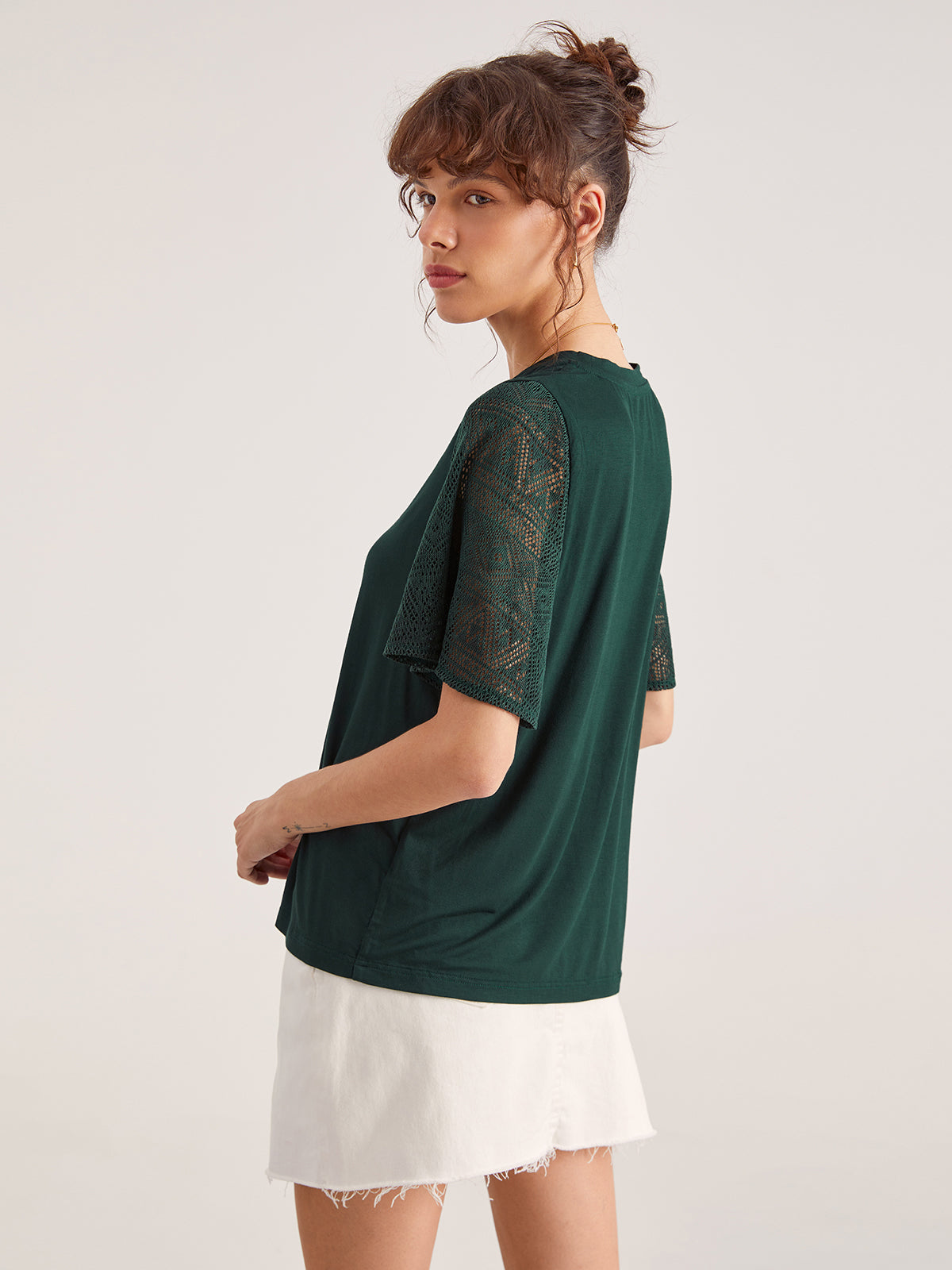 Thecomense - Emerald Green Contrast Lace Flutter Sleeve T-Shirt