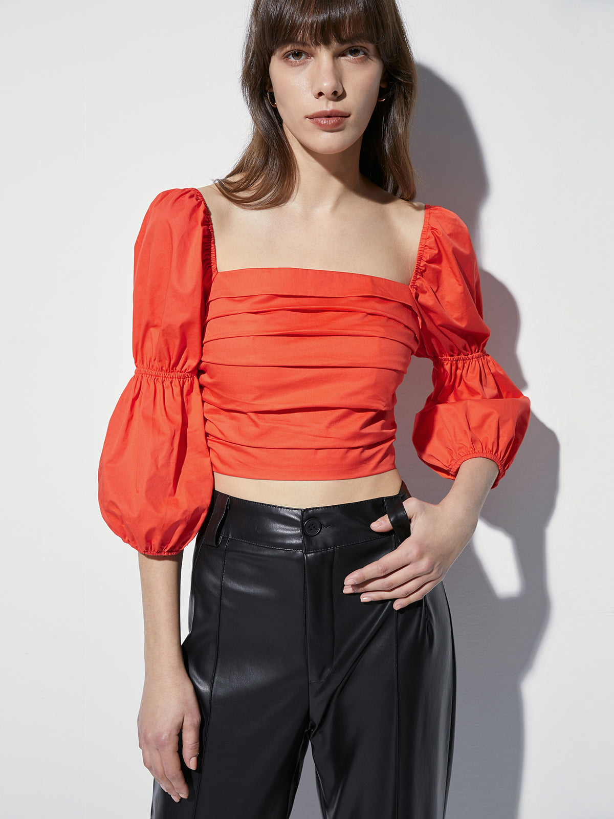 Thecomense - Square Neck Ruche Quarter Puff Sleeve Top