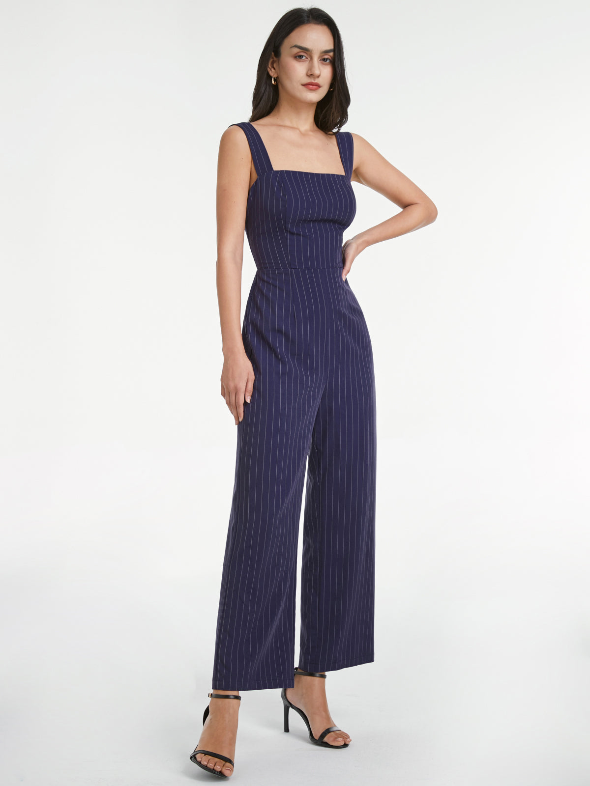 Thecomense - Square Neck Pinstripe Sleeveless Wide Leg Jumpsuit