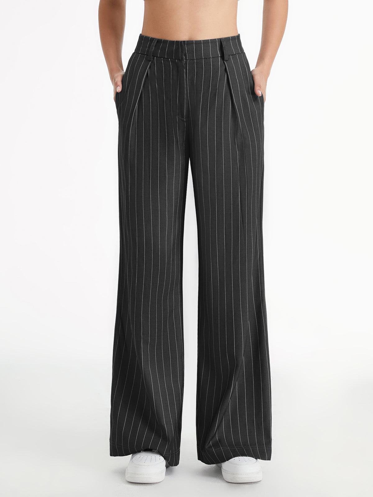 Thecomense - High Waisted 90s Pinstripe Pleat Front Wide Leg Trousers