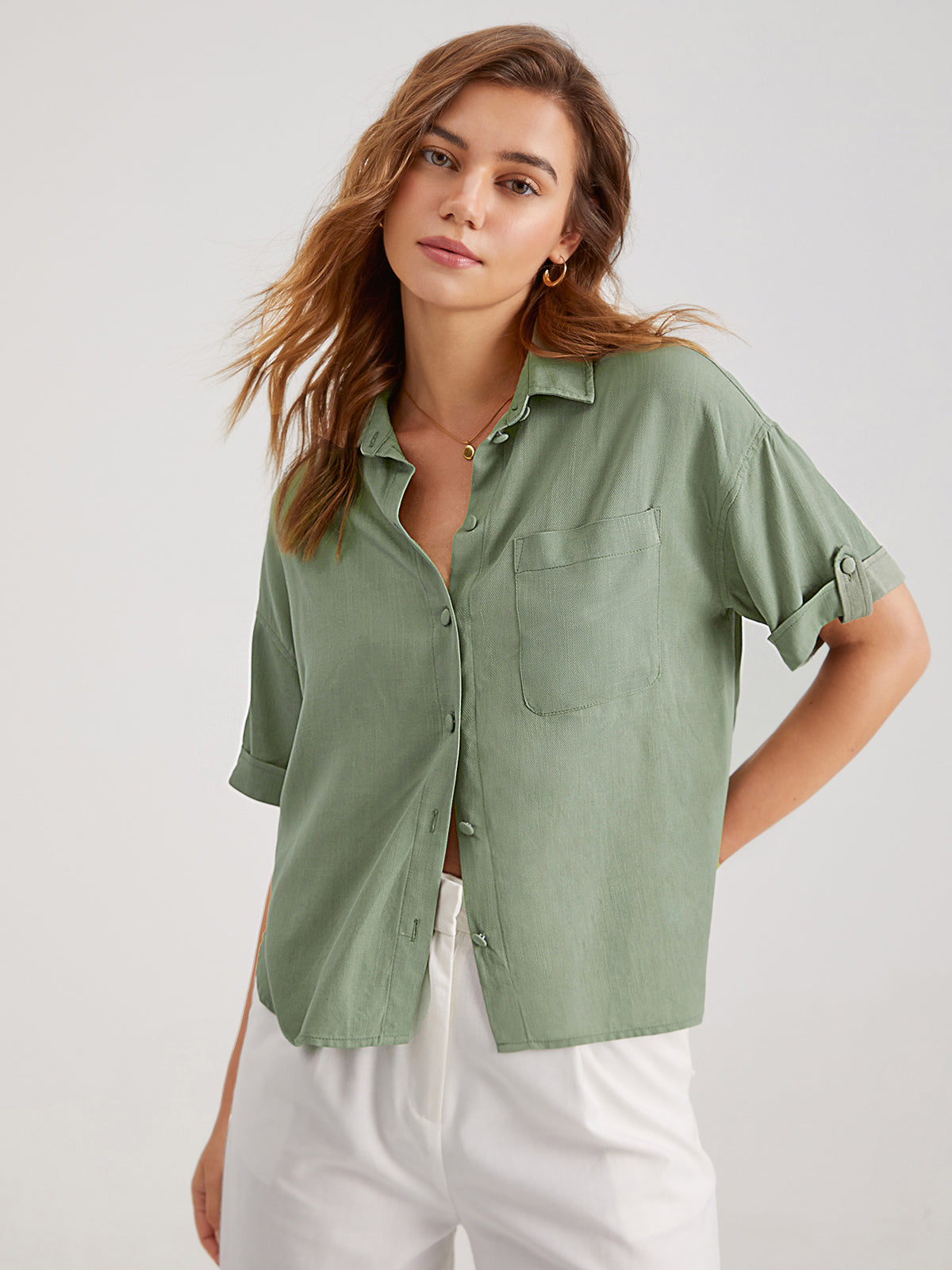 Thecomense - Folded Sleeve Relaxed Fit Button Up Shirt