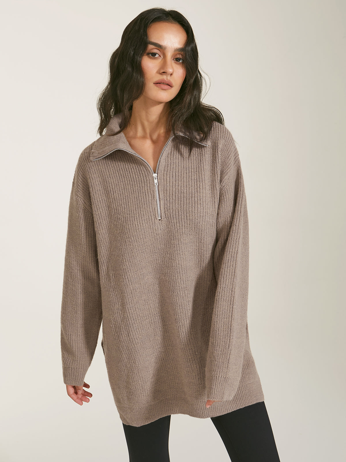 Thecomense - Oversized Quarter Zip Ribbed Sweater