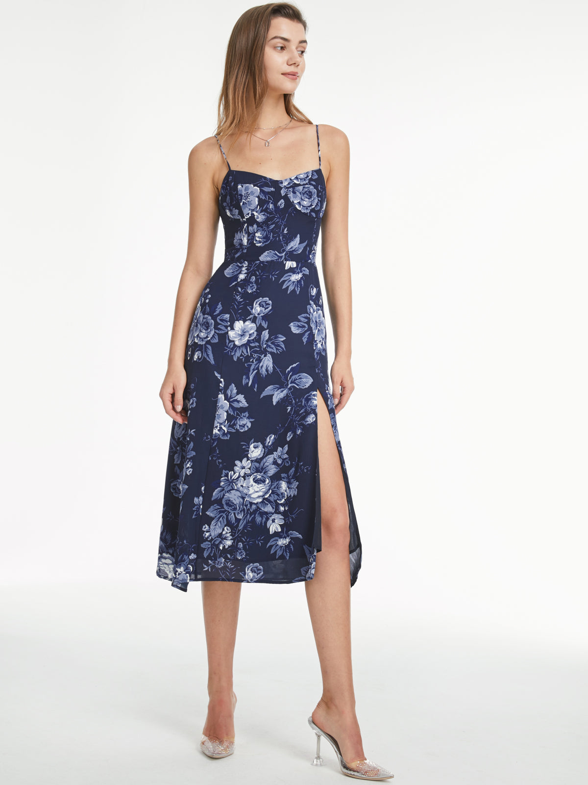 Thecomense - Sweetheart Aqua Floral Bloom Contour Strap Slit Dress