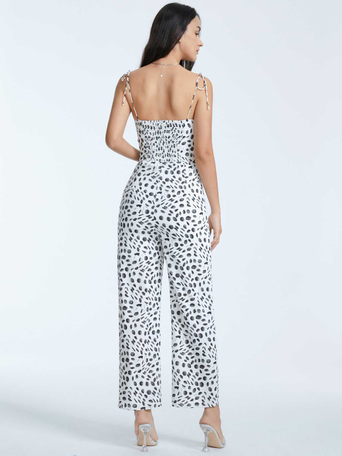 Thecomense - Tie Strap Contrast Print Wide Leg Jumpsuit