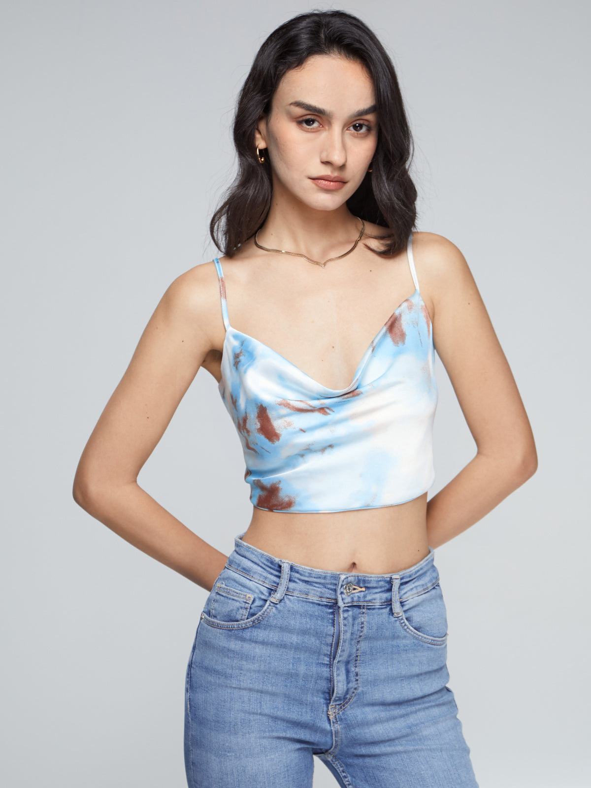 Thecomense - Ethereal Print Cowl Neck Cami Strap Top