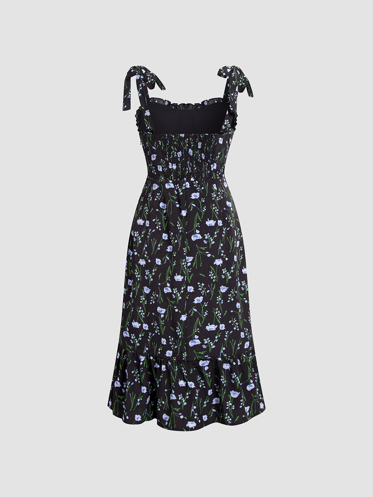 Thecomense - Pattern Tie Strap Ruffle Midi Dress