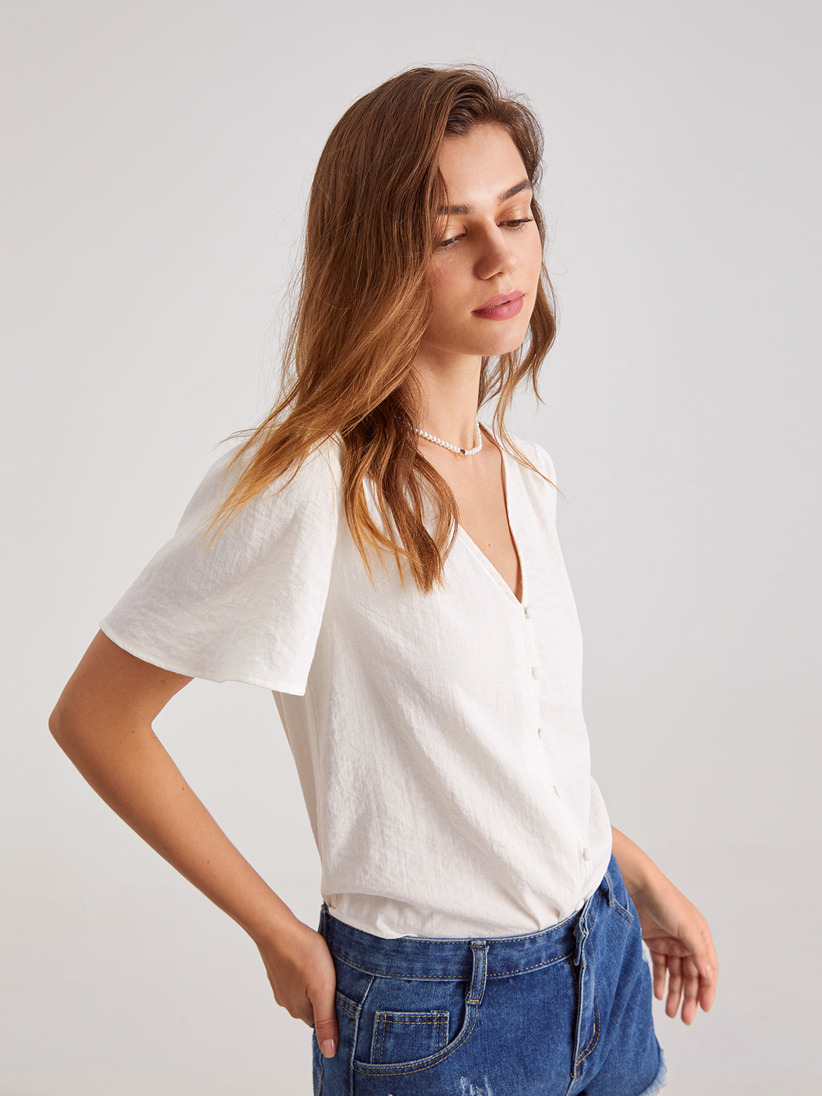 Thecomense - Basic Linen V-Neck T-Shirt