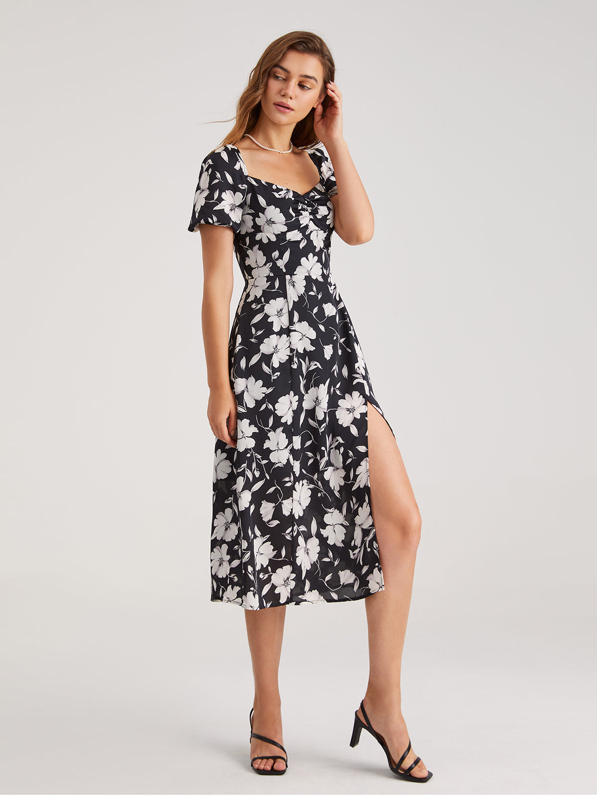 Thecomense - Short Puff Sleeve Square Neck Midi Slit Dress