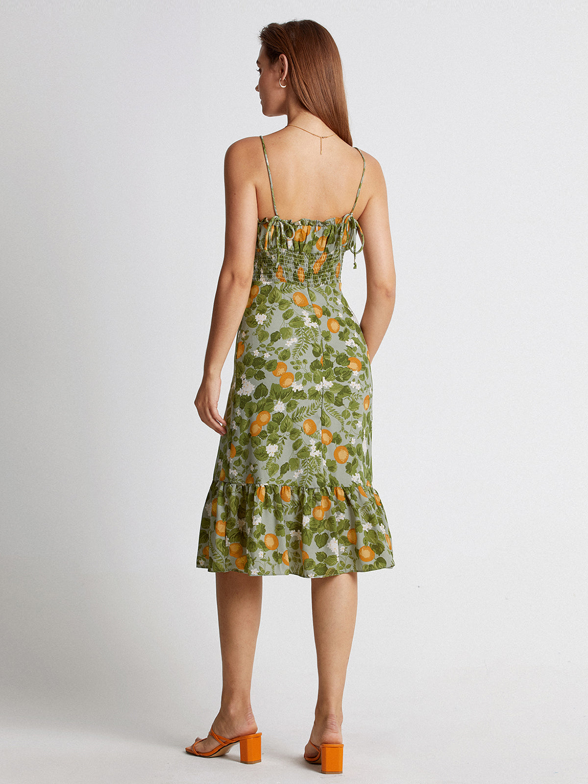 Thecomense - Ruffle Hem Valencia Orange Midi Strap Dress