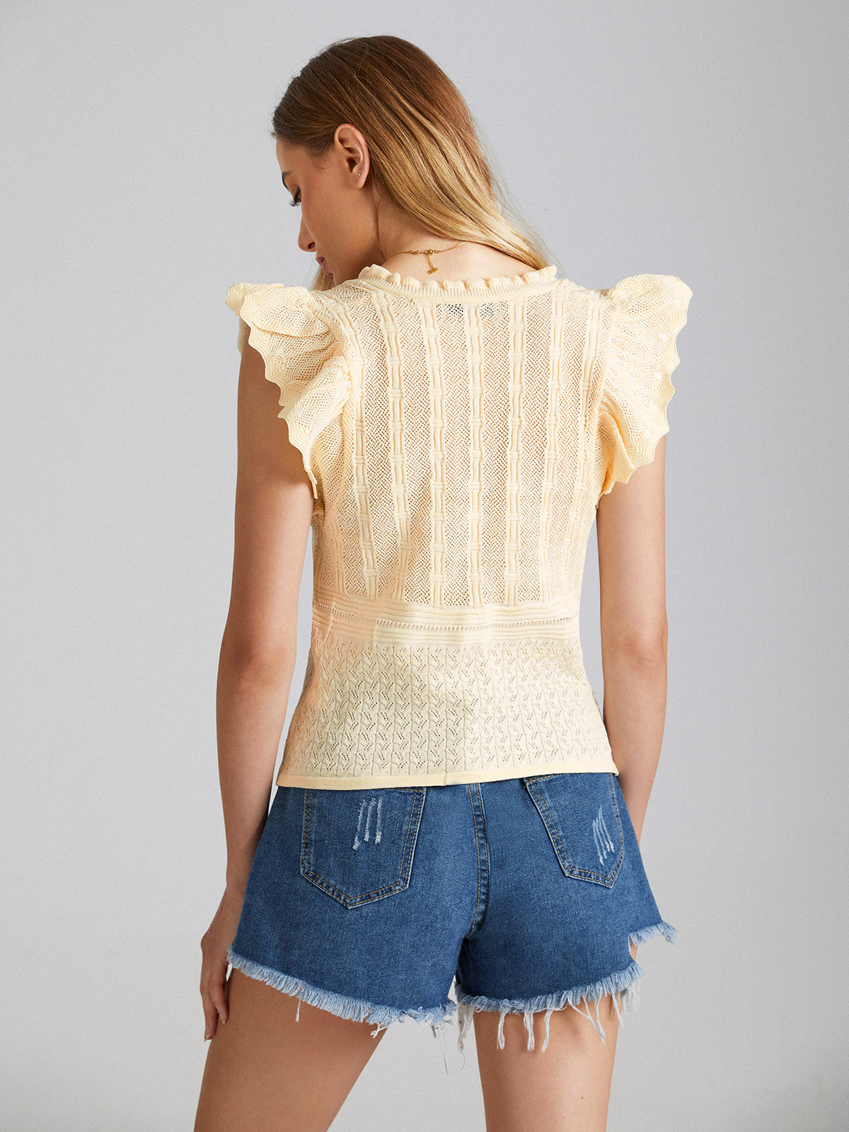 Thecomense - Flutter Sleeve Rib Top