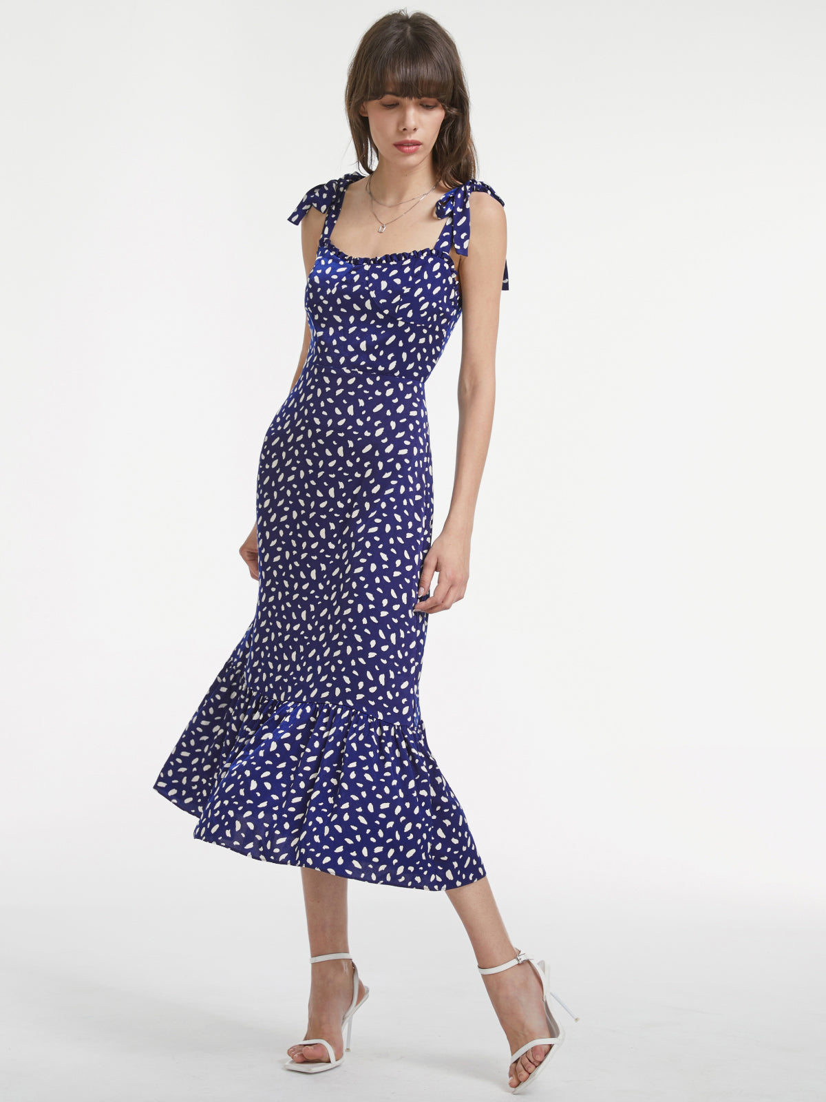Thecomense - Petals Print Ruffle Hem Strap Midi Dress