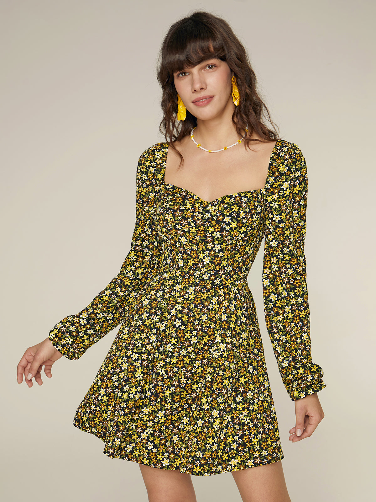 Thecomense - Floral Sweetheart Long Sleeve Dress