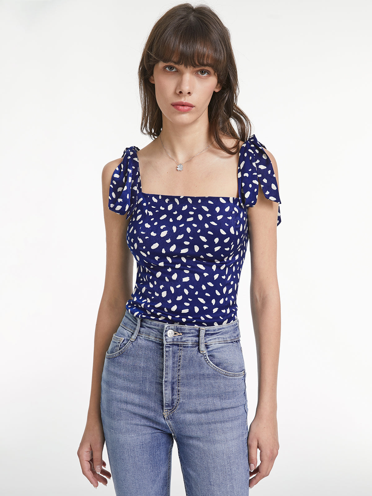 Thecomense - Light Petal Square Neck Tie Strap Contour Top