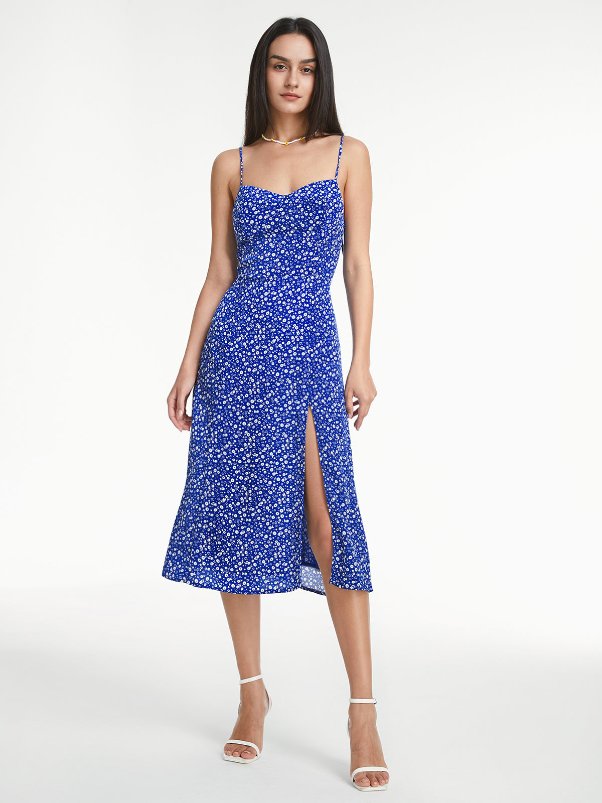 Thecomense - Sweetheart Mini Floral Strap Slit Midi Dress