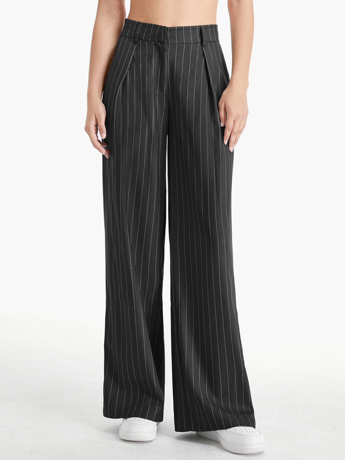 Thecomense - High Waisted 90s Pinstripe Pleat Front Wide Leg Trousers