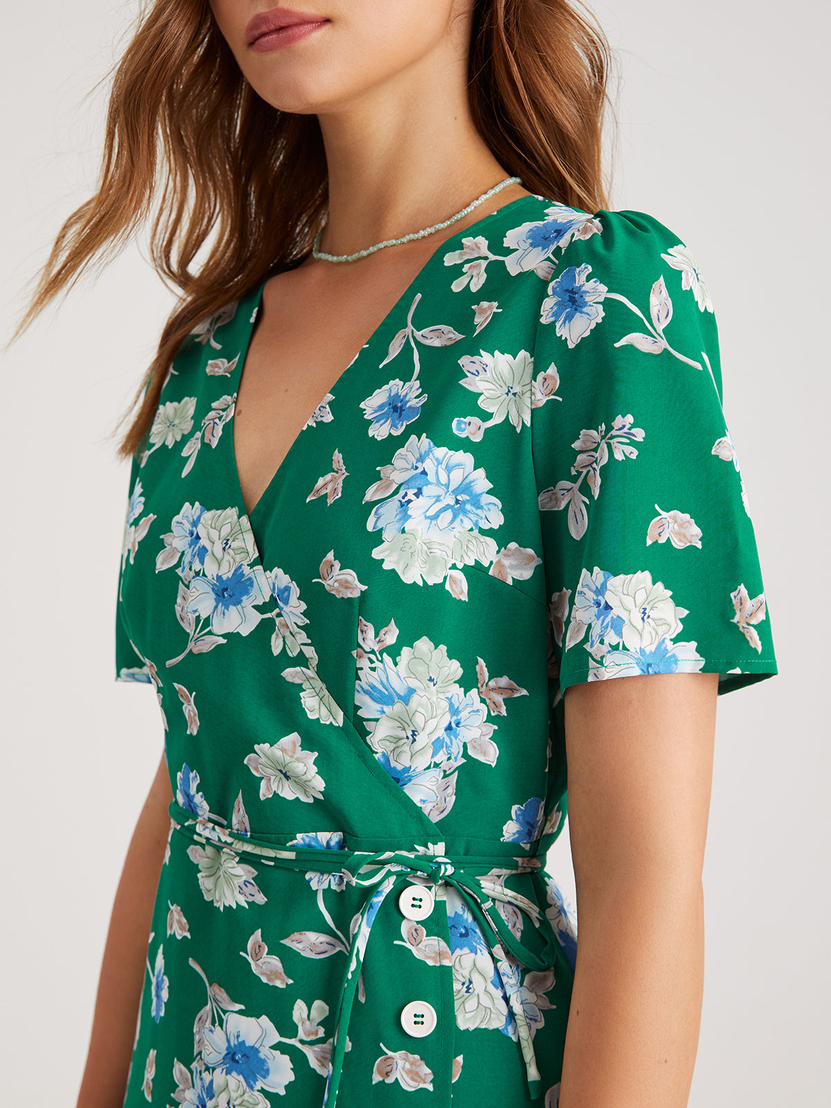 Thecomense - Short Sleeve Floral Contrast Midi Slit Dress
