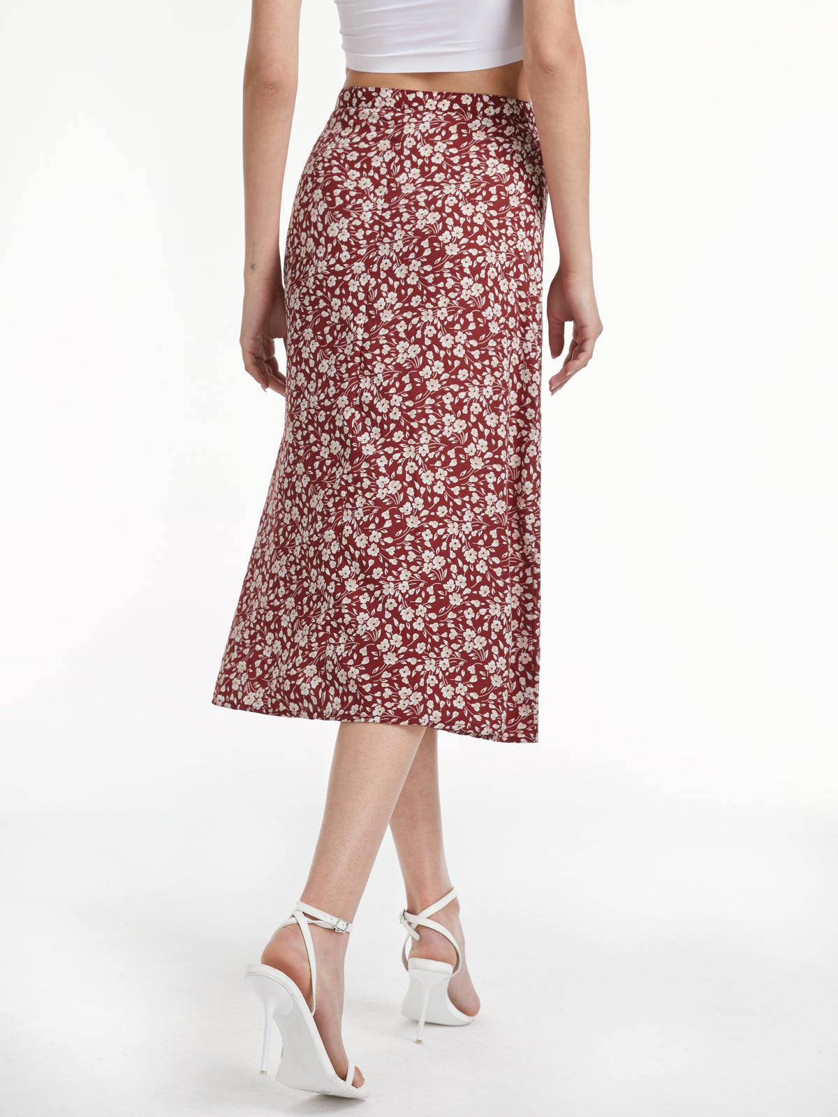 Thecomense - High Waisted Floral Slit Midi Skirt