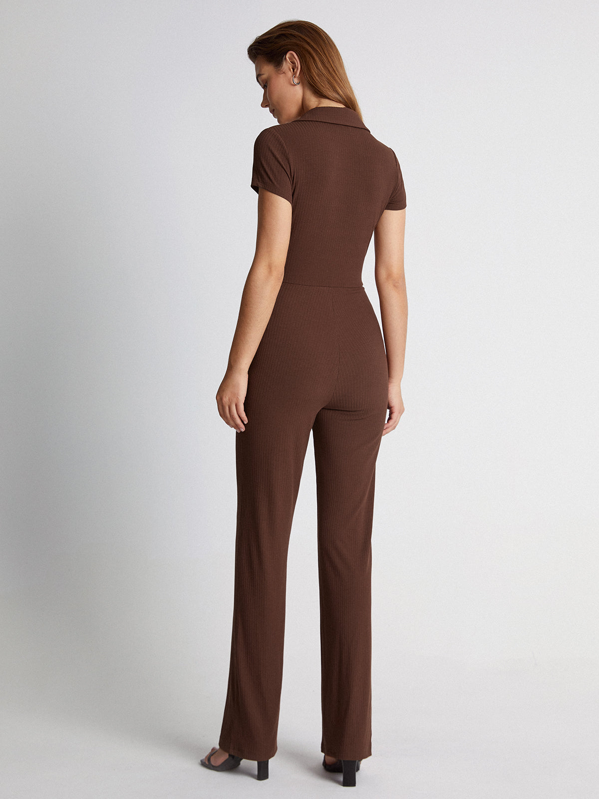 Thecomense - Short Sleeve Ribbed Button Front Collared Straight Leg Jumpsuit