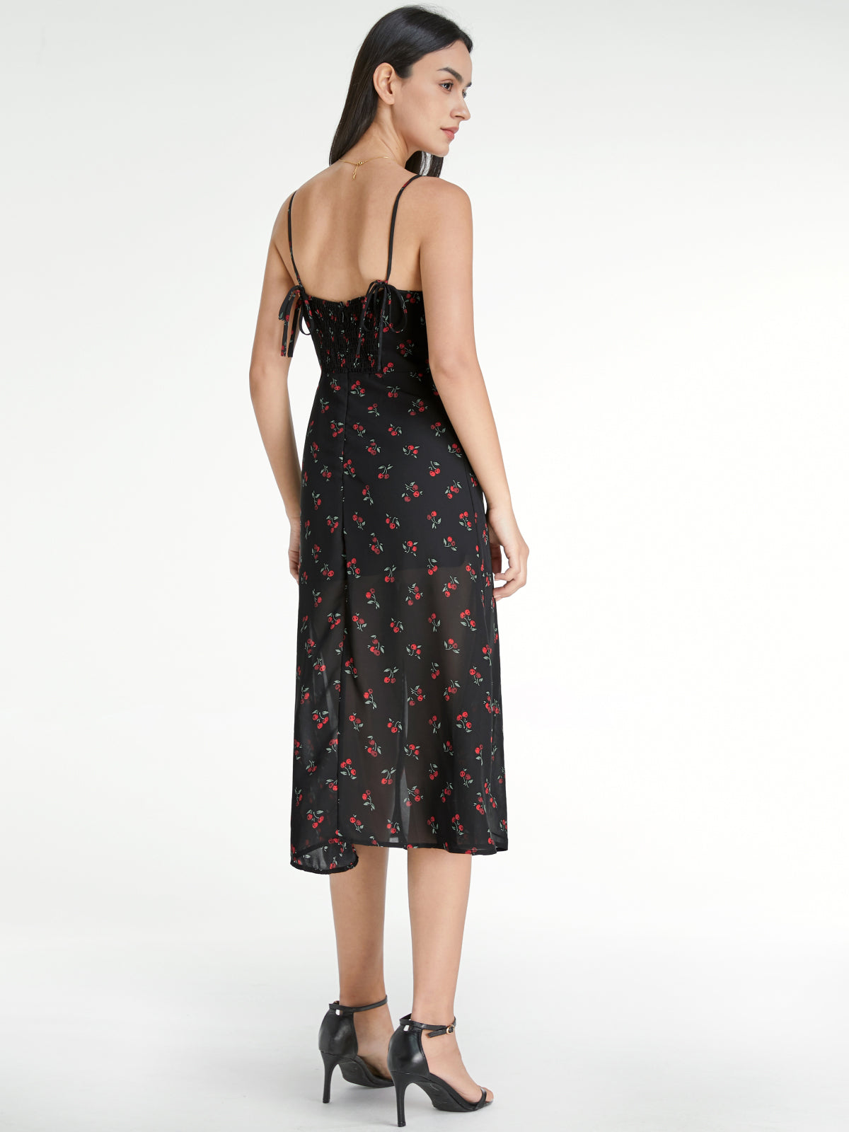 Thecomense - Sweetheart Very Cherry Strap Slit Dress With Sheer Overlay