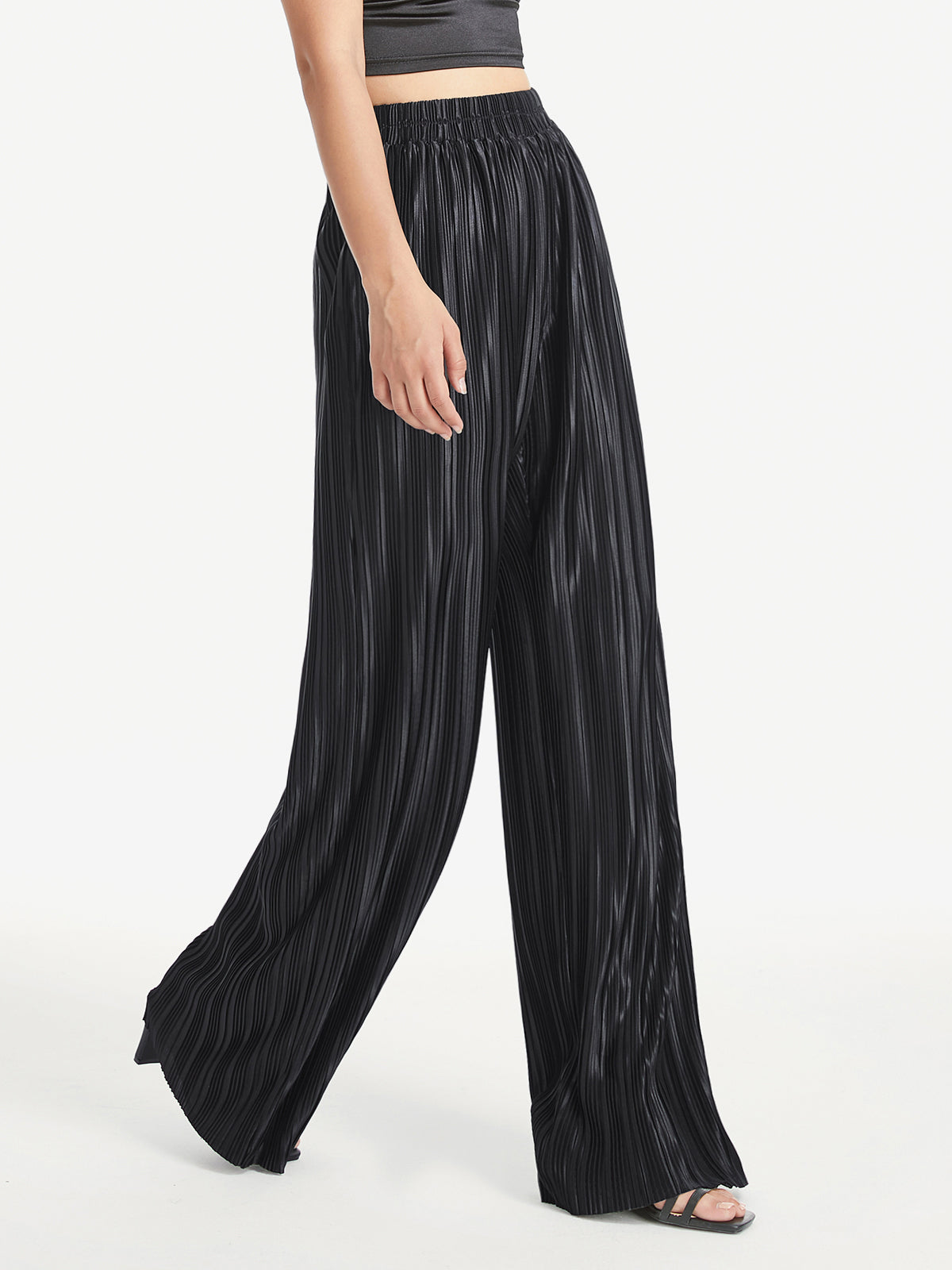 Thecomense - High Waisted Shimmer Pleated Palazzo Pants