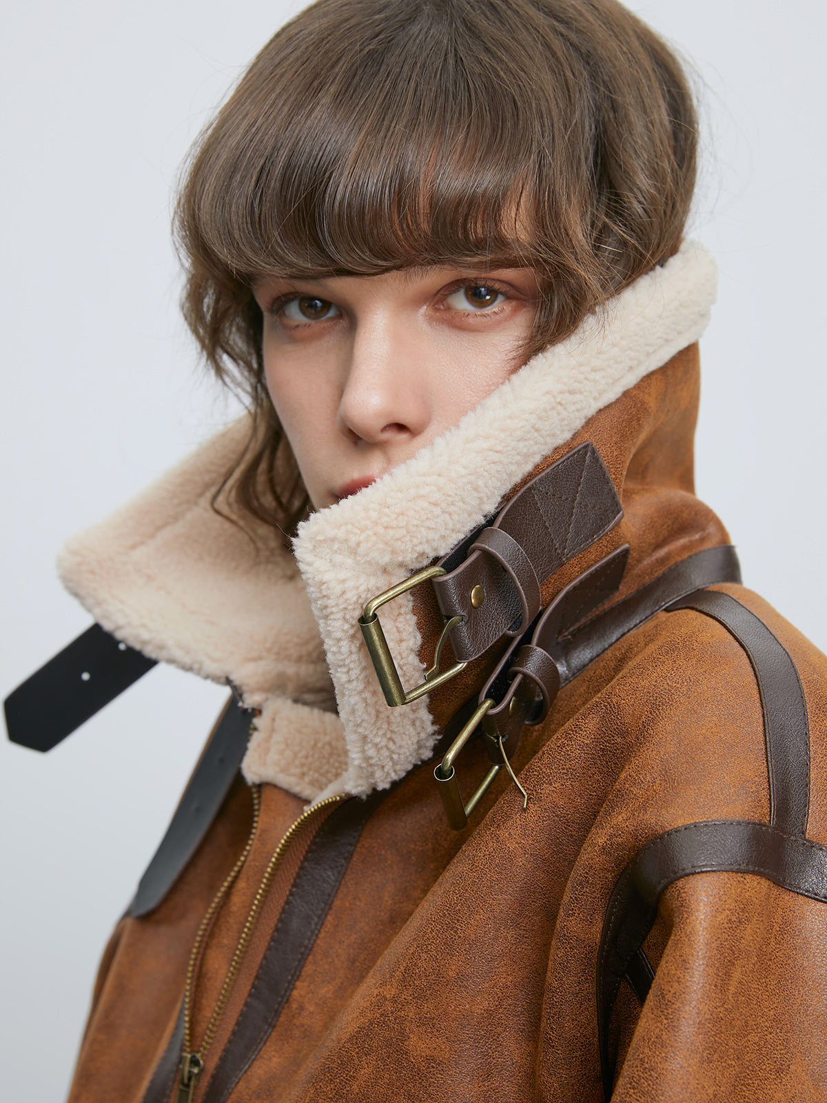 Thecomense - Sherpa Lined Suede Shearling Flight Jacket
