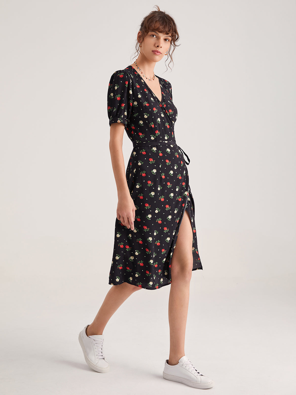 Thecomense - Floral Side Tie Thigh Split Midi Dress