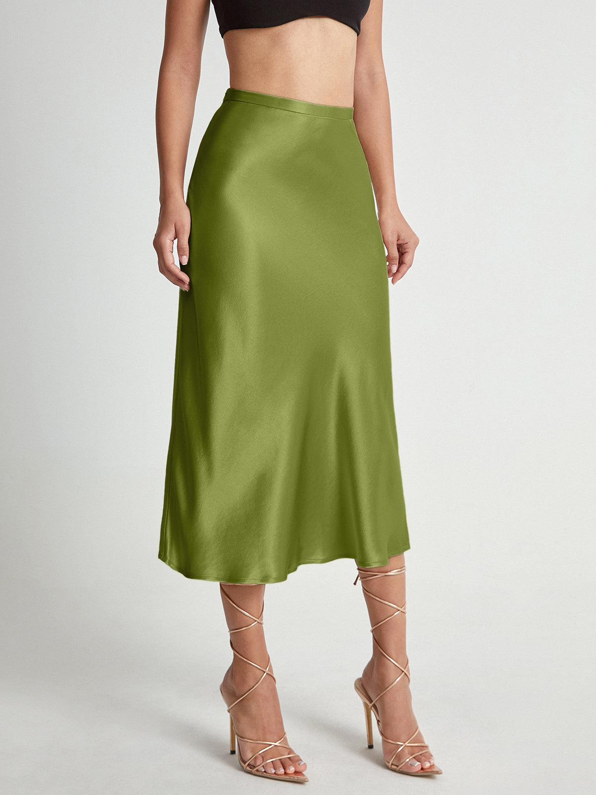Thecomense - High Waisted Satin Flowy Midi Skirt