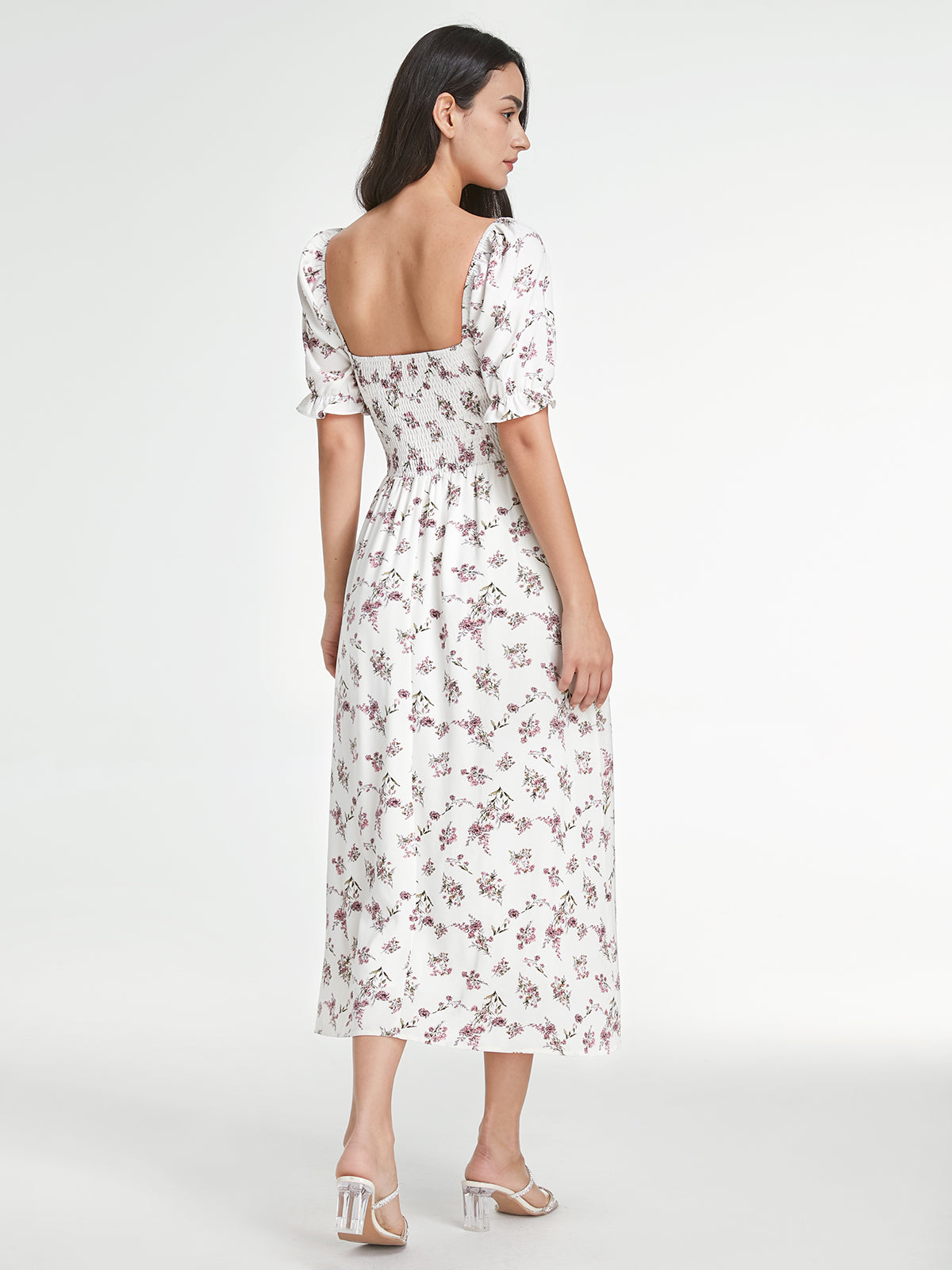 Thecomense - Square Neck Short Puff Sleeve Smocked Floral Midi Slit Dress