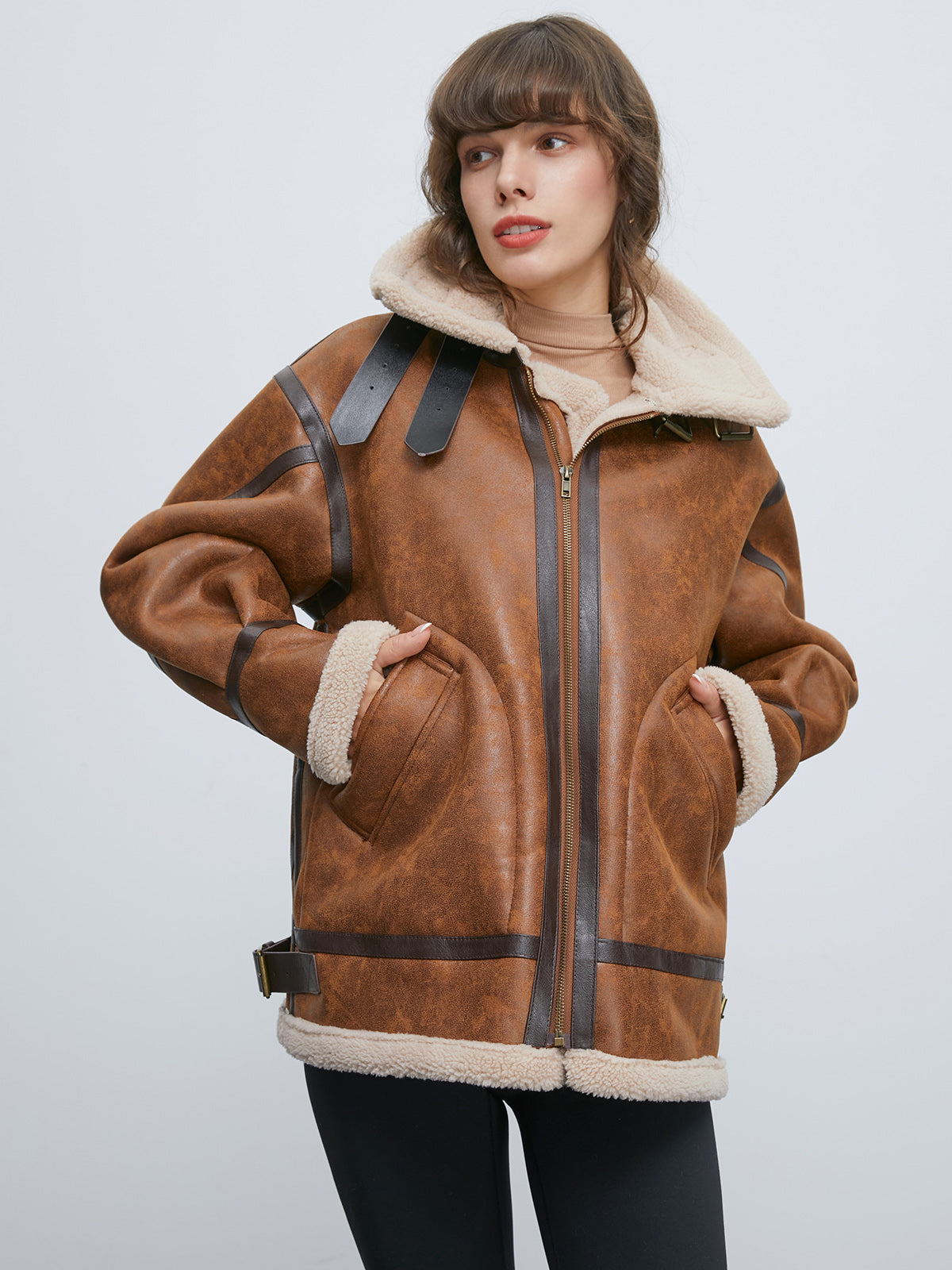 Thecomense - Sherpa Lined Suede Shearling Flight Jacket