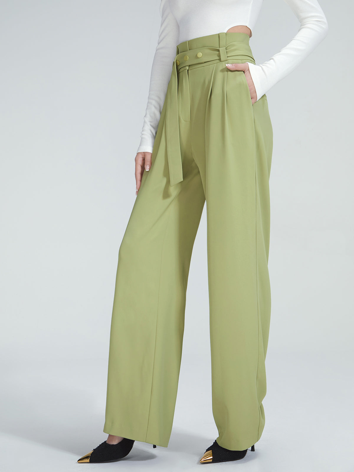 Thecomense - High Waisted Belted Pleat Front Trousers