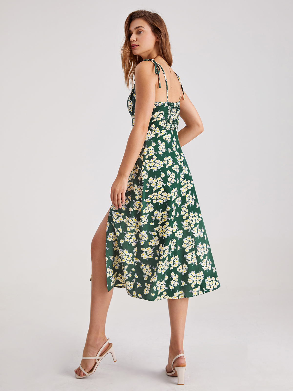 Thecomense - Emerald Green Sweetheart Strap Daisy Slit Dress