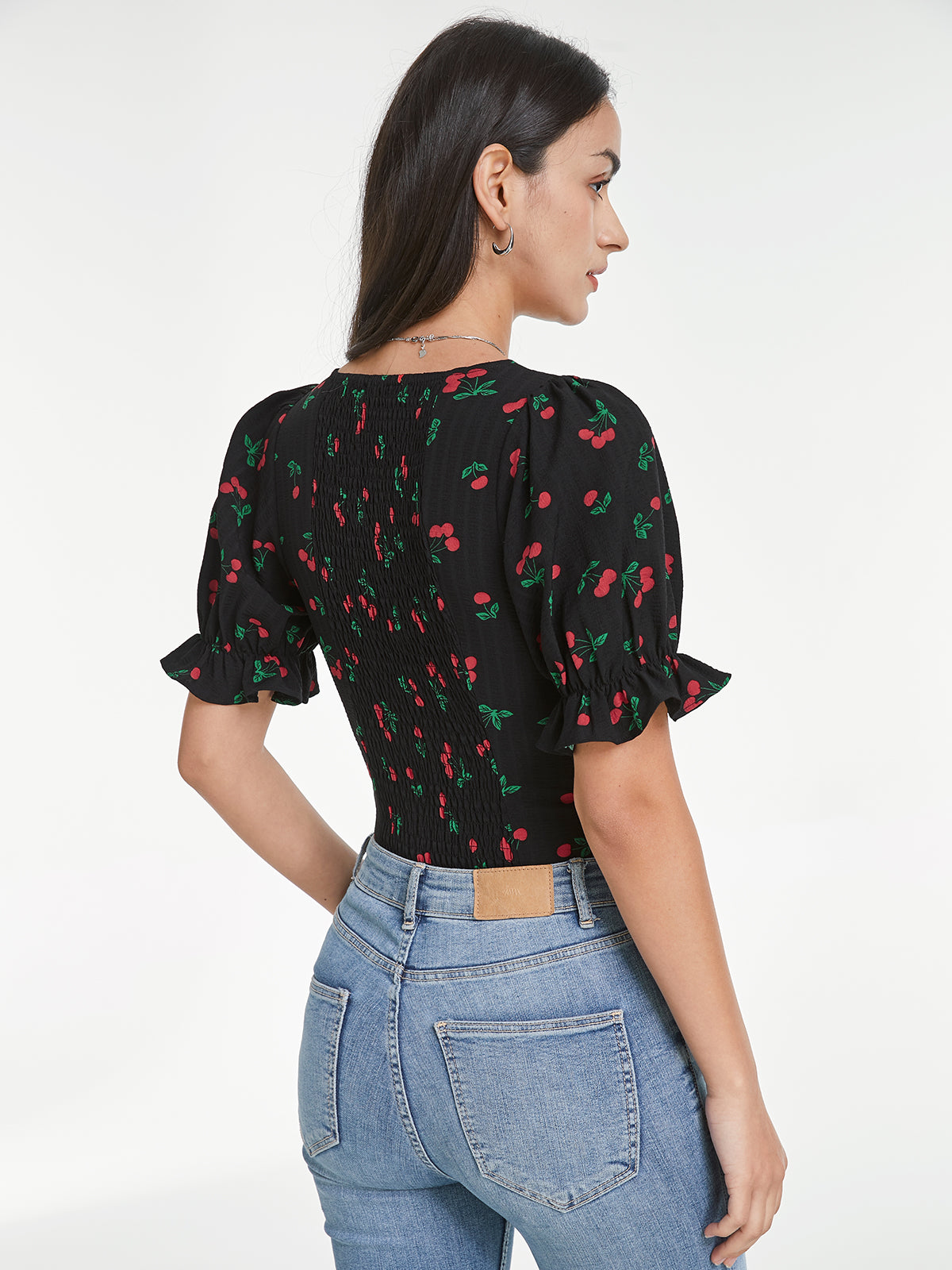 Thecomense - Sweetheart Puff Sleeve Cherry Contour Top