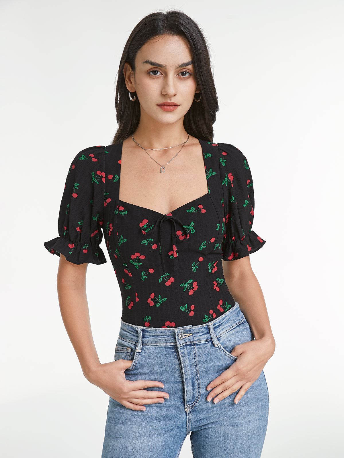 Thecomense - Sweetheart Puff Sleeve Cherry Contour Top