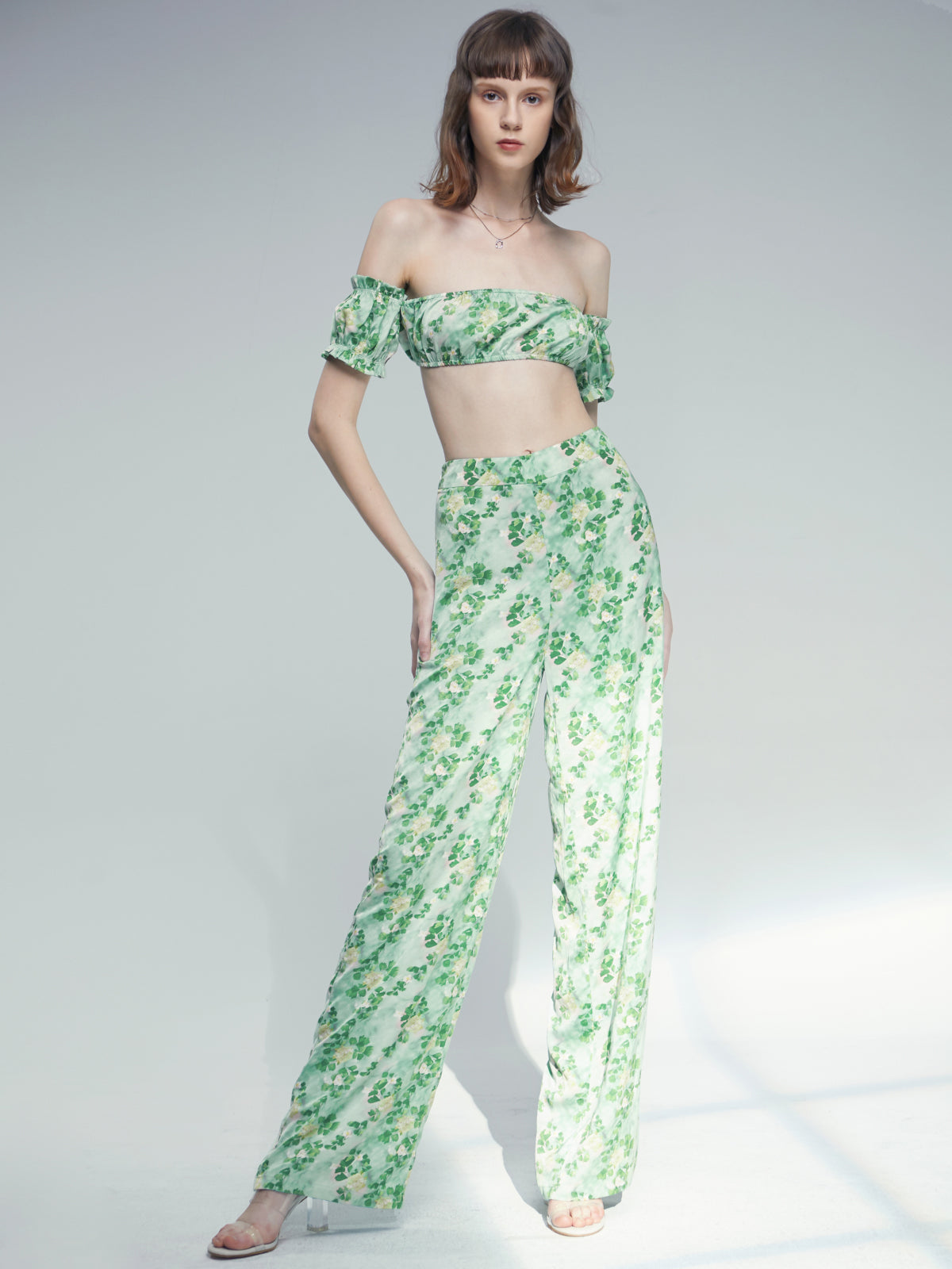 Thecomense - Off The Shoulder Tube Top And Wide Leg Printed Pants Set