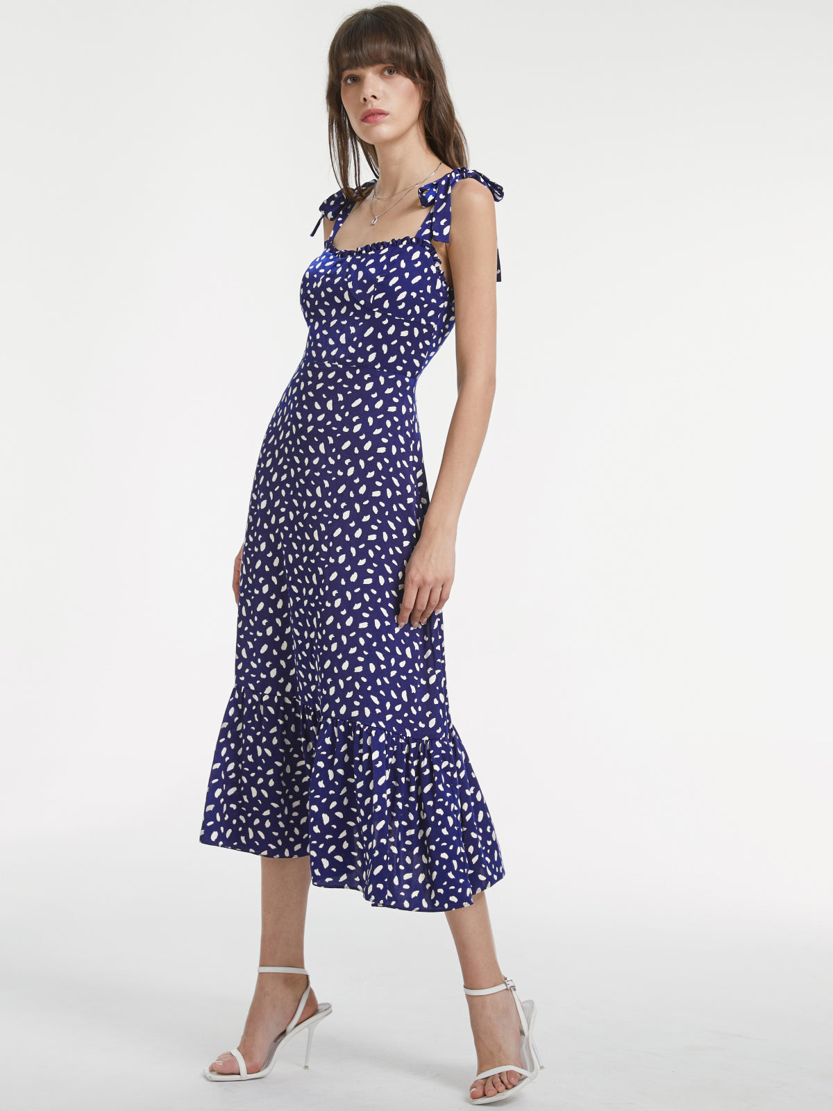 Thecomense - Petals Print Ruffle Hem Strap Midi Dress