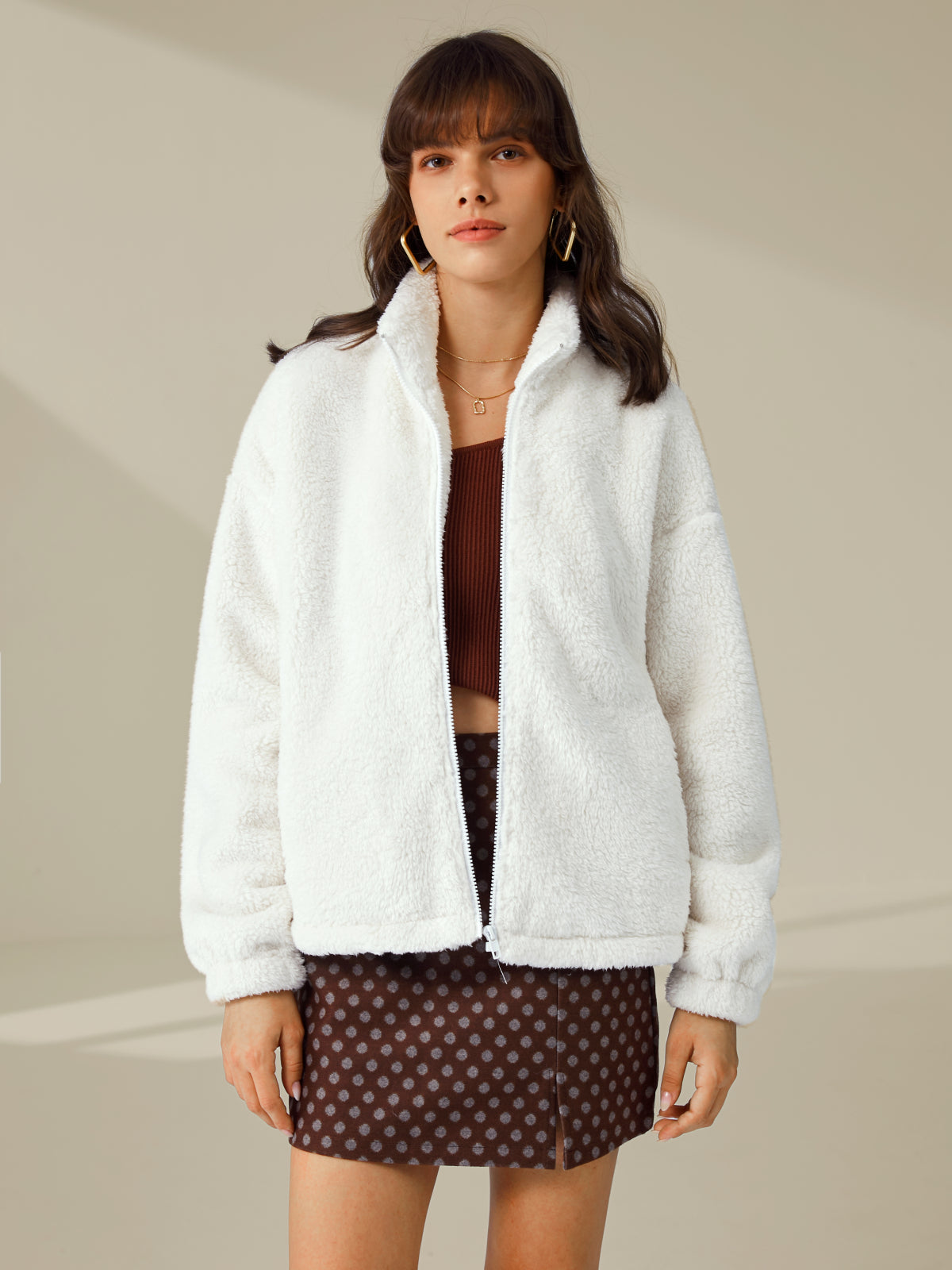 Thecomense - Cozy Drop Shoulder Sherpa Zip Up Funnel Neck Jacket