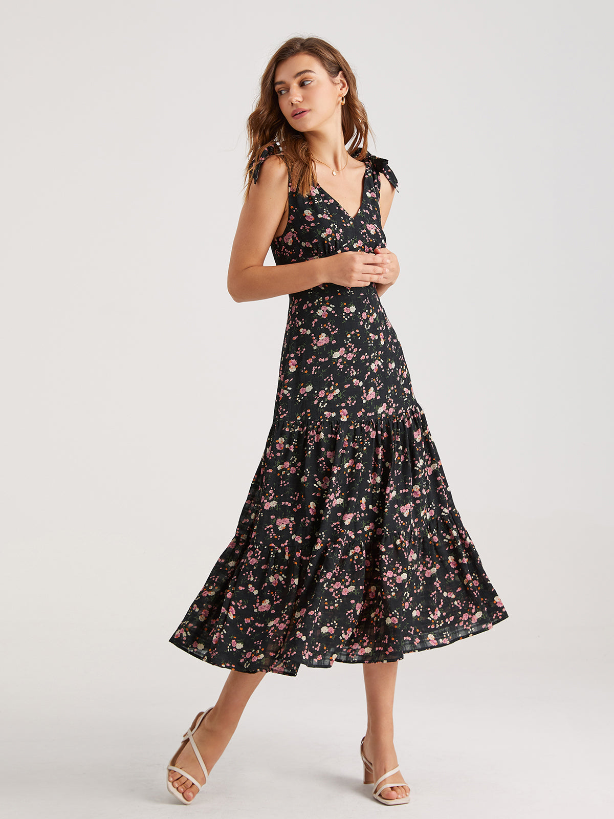 Thecomense - Tie Strap Contrast Floral Midi Dress