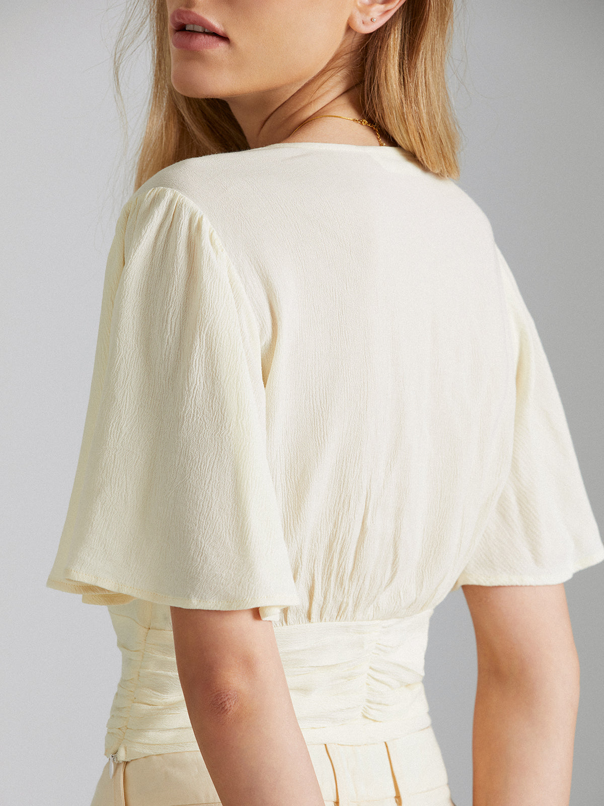 Thecomense - V-Neck Ruche Flutter Sleeve Top