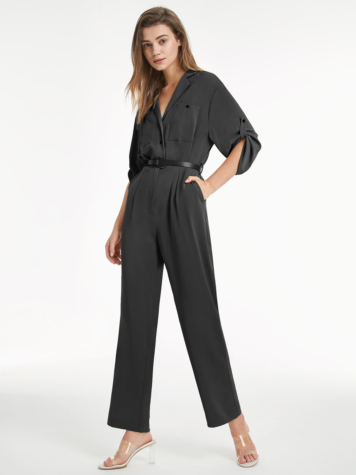 Thecomense - V Neck Button Front Short Sleeve Flare Leg Jumpsuit