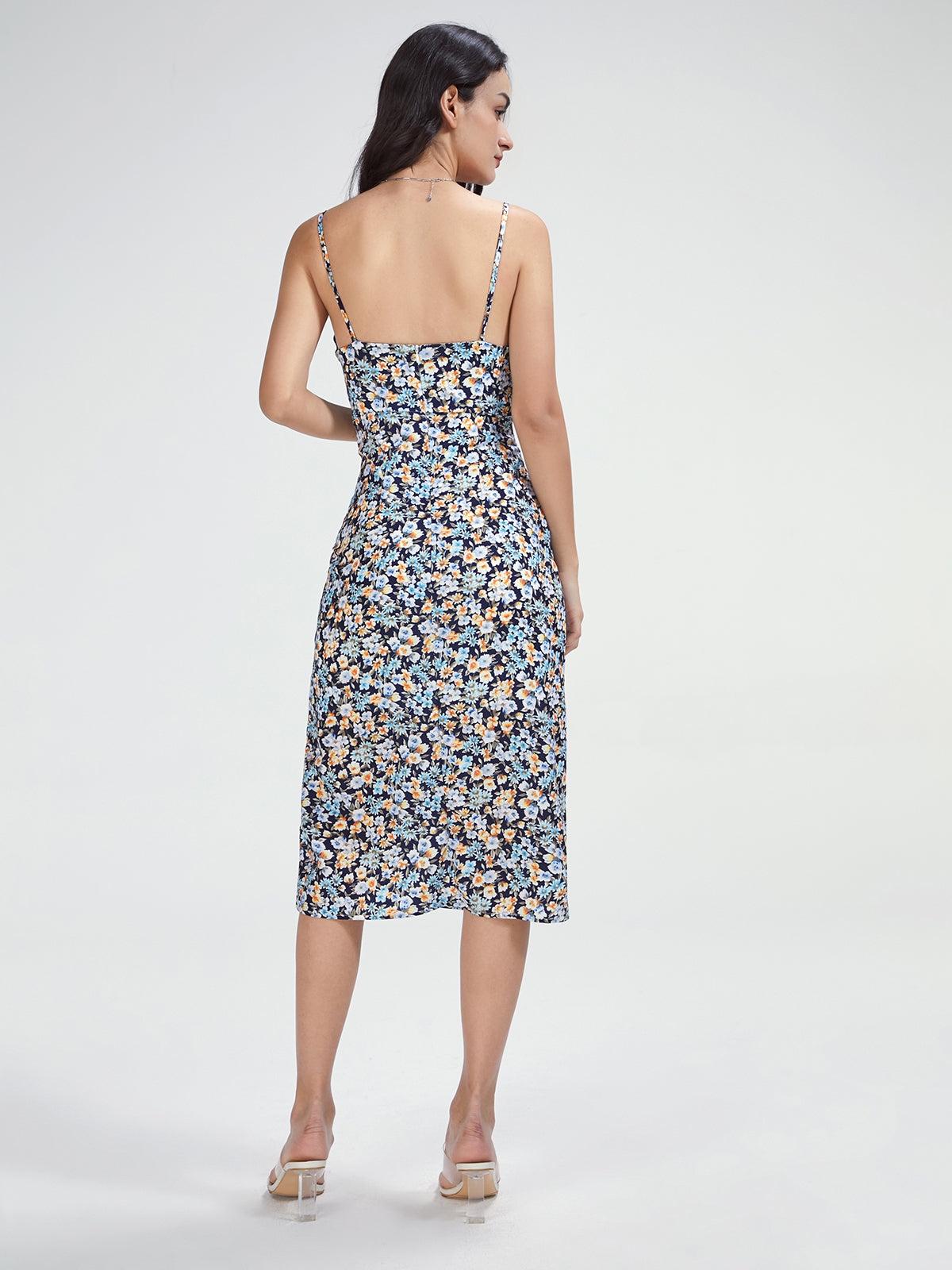 Thecomense - Sweetheart Floral Strap Slit Dress
