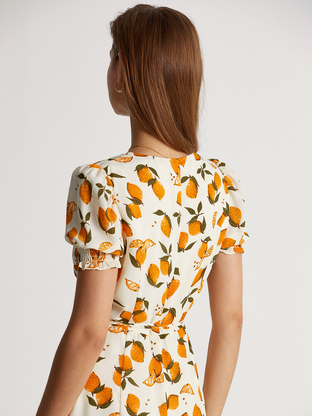 Thecomense - Short Puff Sleeve Orange V-Neck Midi Ruffle Dress