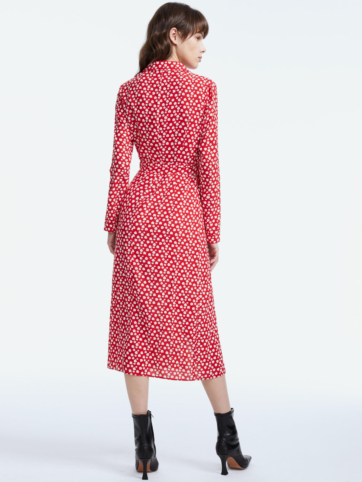 Thecomense - Long Sleeve Floral Collared Belted Slit Dress