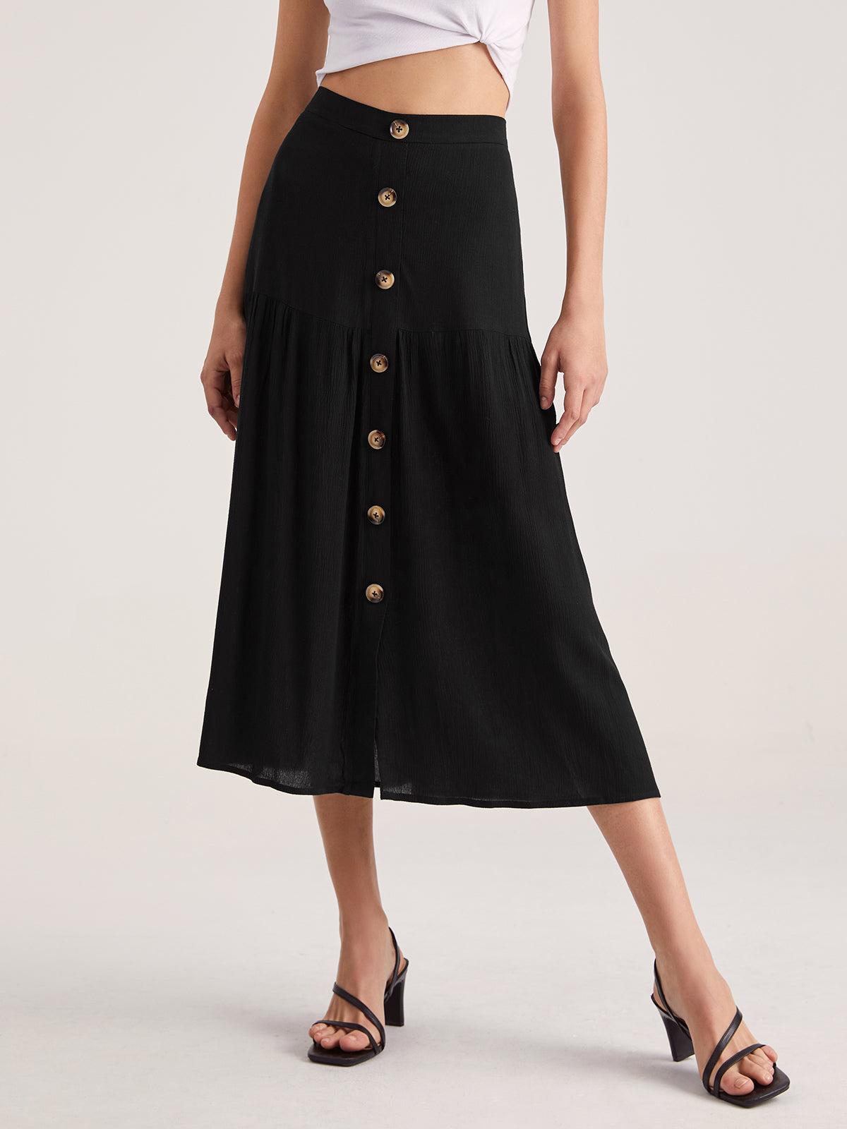 Thecomense - High Waisted Button Front Midi Skirt