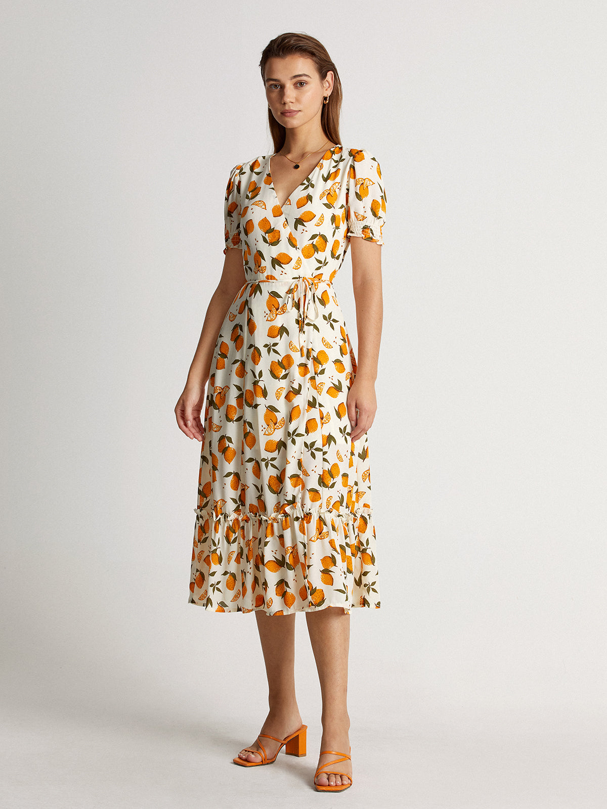 Thecomense - Short Puff Sleeve Orange V-Neck Midi Ruffle Dress