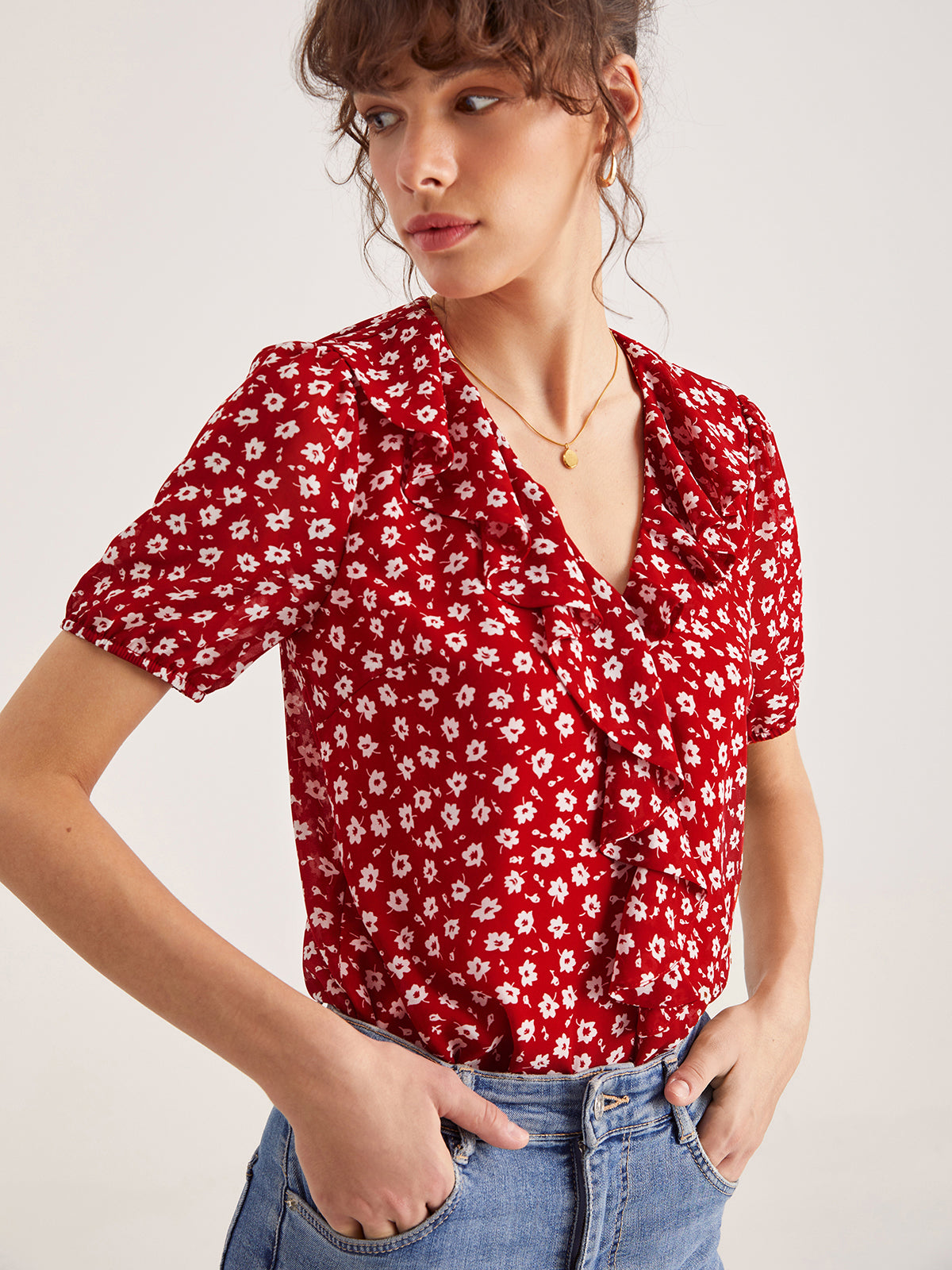 Thecomense - V-Neck Floral Ruffle Top