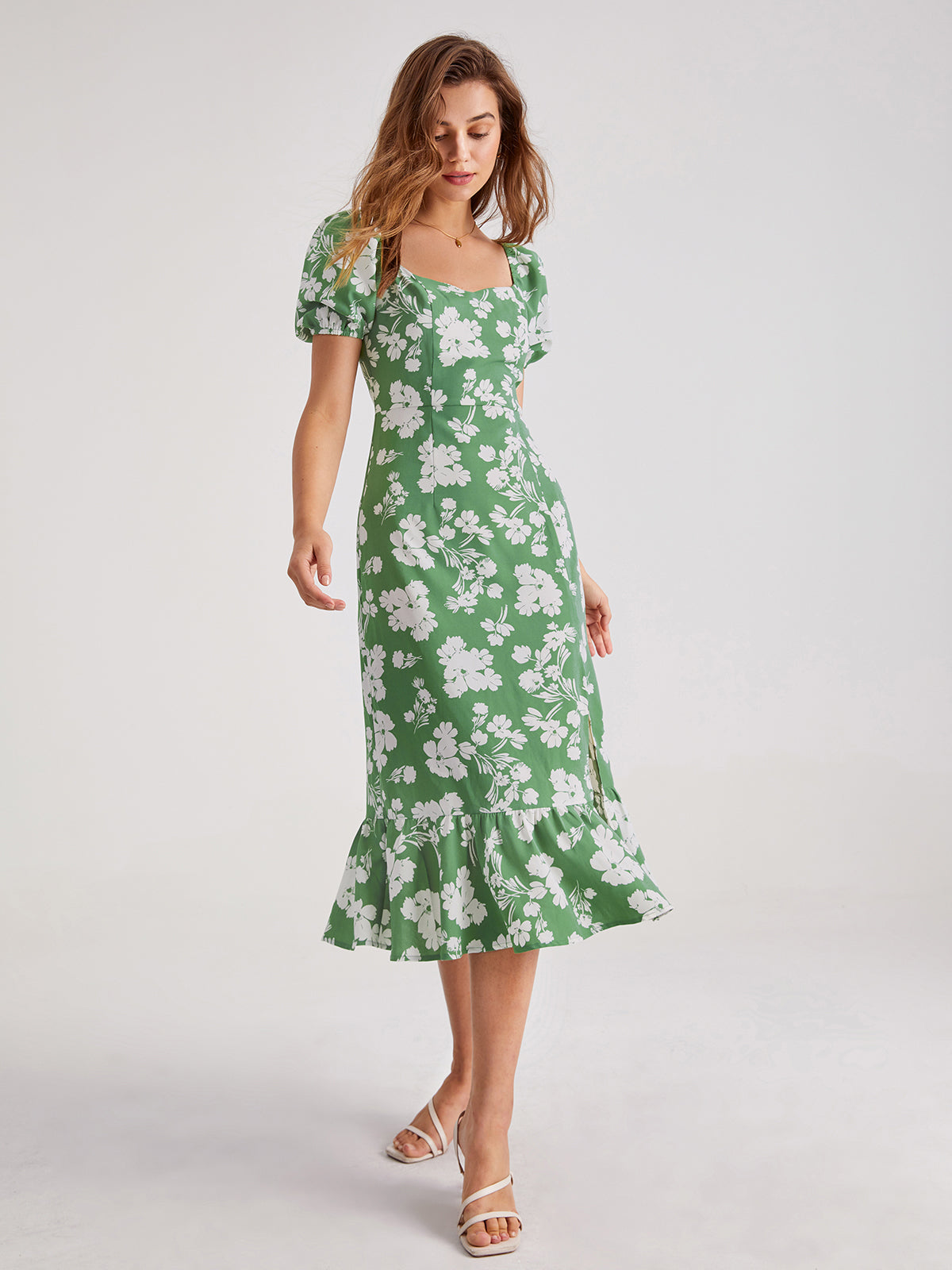 Thecomense - Puff Sleeve Floral Ruffle Midi Dress