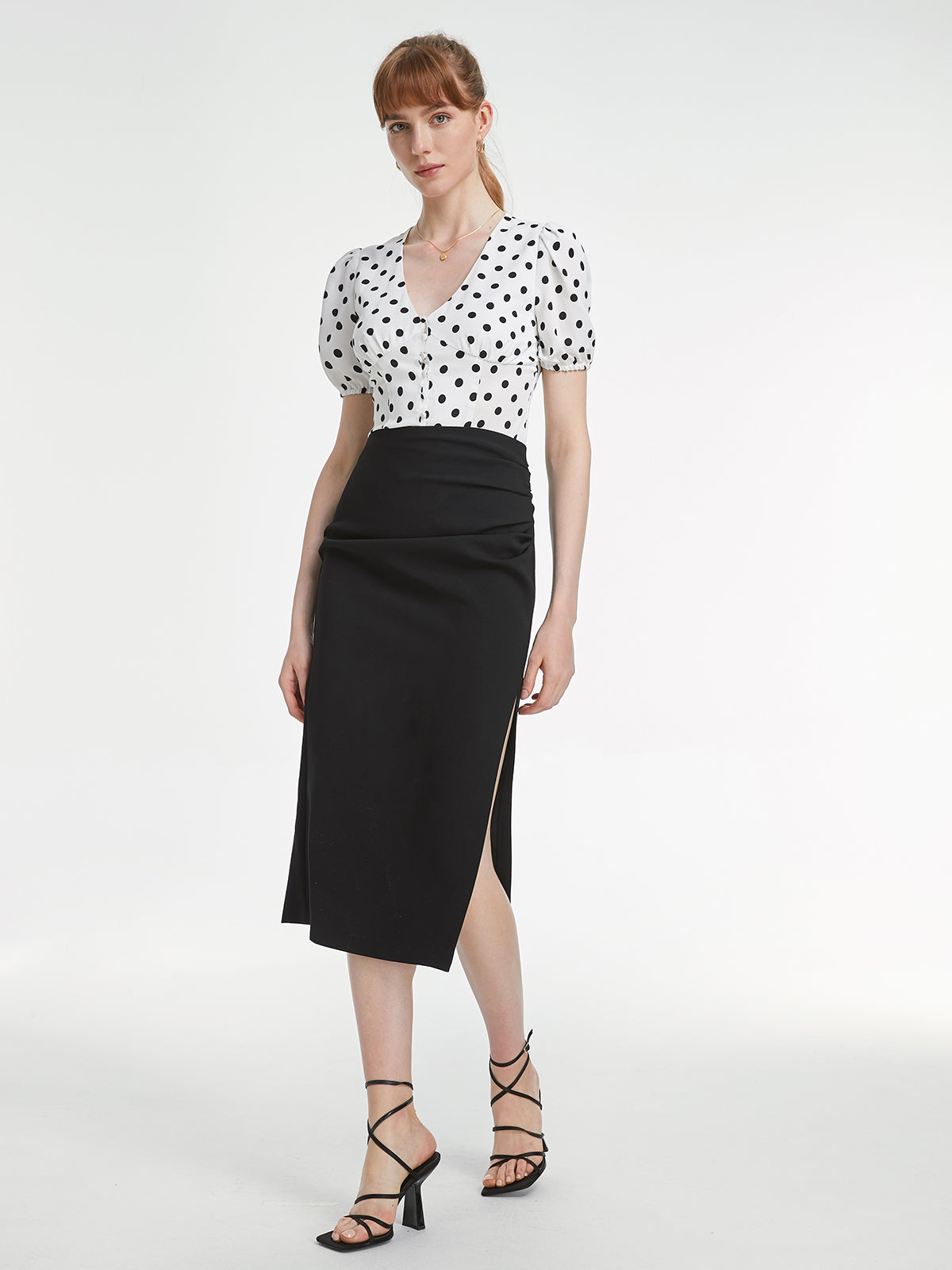 Thecomense - Short Sleeve V Neck Button Front Polka Dot Contour Top