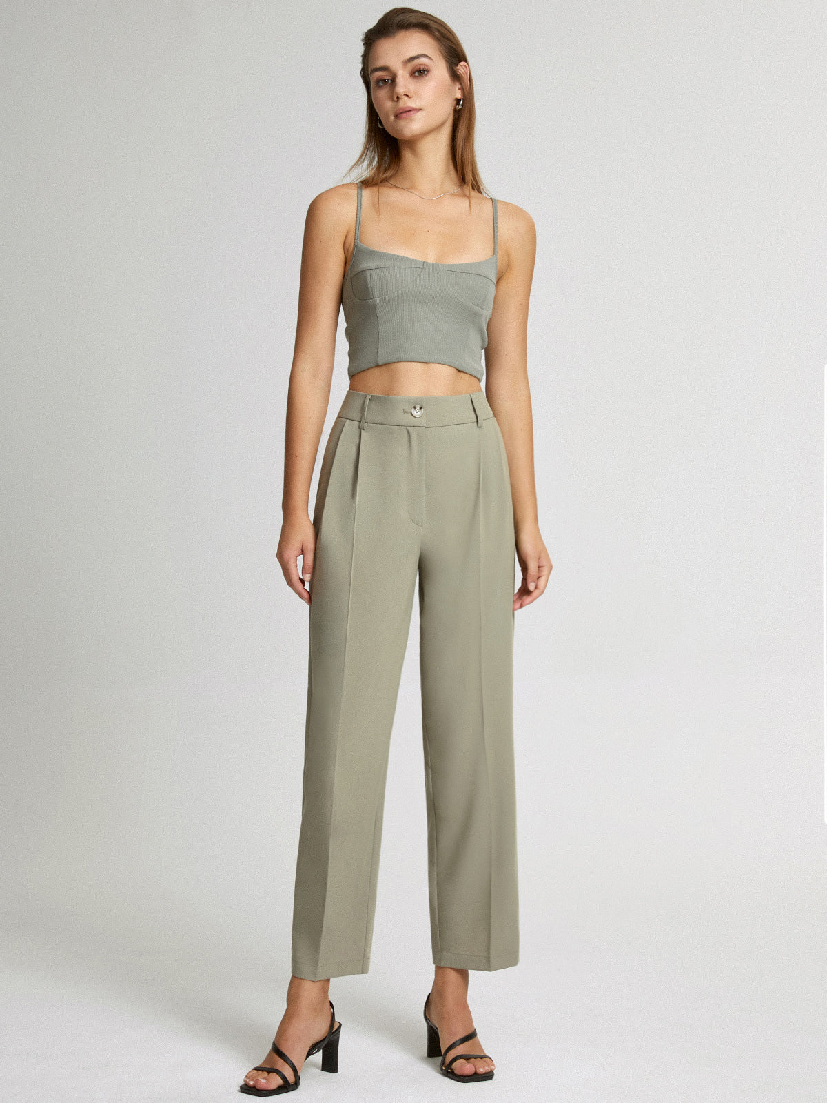 Thecomense - Cropped Mid Rise Straight Leg Trousers